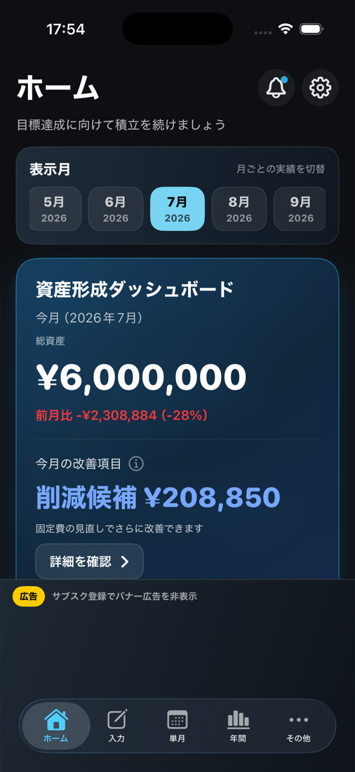 管理会計家計簿のホーム画面。表示月、総資産、改善項目、下部タブバーが表示されています。